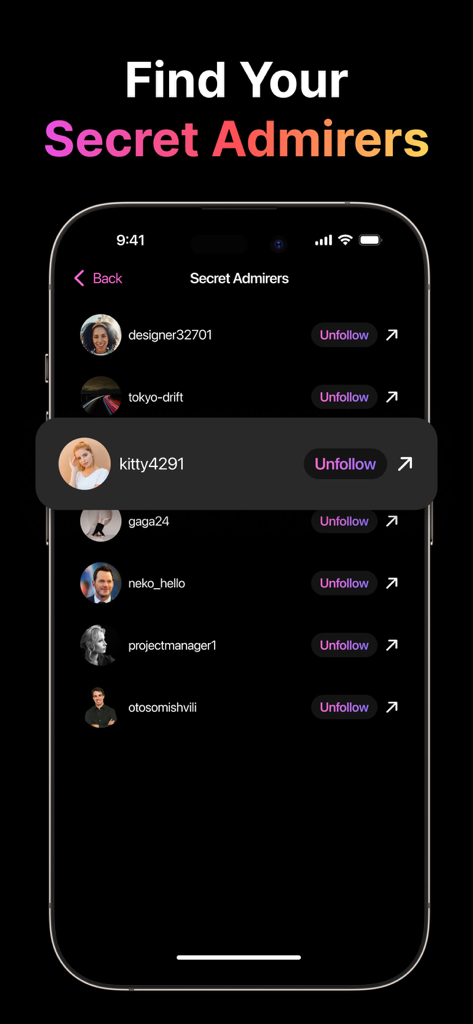 Secret admirers list with unfollow buttons on a mobile tracking app