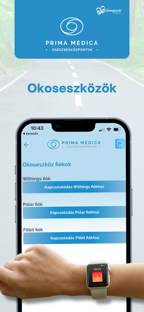 PrimaMedica App - Smartphone screen showing the PrimaMedica app integration options for Withings Polar and Fitbit smart devices