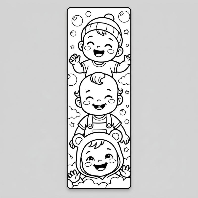 Dive into a world of cuteness with this delightful coloring bookmark featuring three joyfully smiling babies. A perfect printable activity to brighten your reading experience or share as a heartfelt gift.