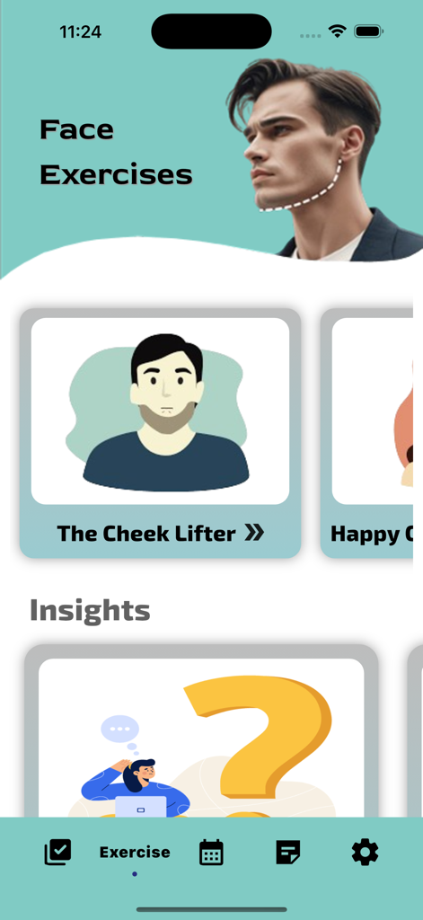 Capture d'écran de l'application Exercice de la mâchoire montrant des tutoriels de yoga facial et des cartes d'exercices.