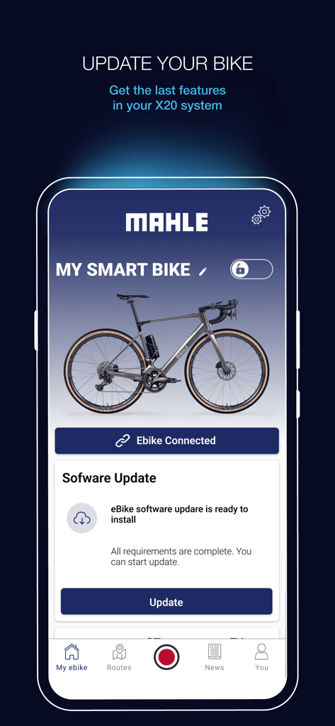 My SmartBike - My SmartBike app dashboard showing a software update ready for a MAHLE e-bike system