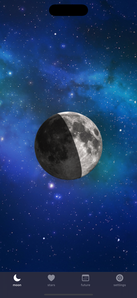 A visual representation of the current moon phase against a starry space background in the Full Moon Phase app