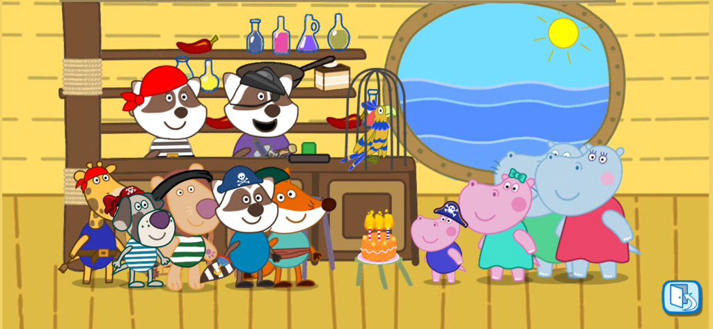 Tiercharaktere als Piraten verkleidet feiern einen Geburtstag auf einem Schiff mit einem Kuchen