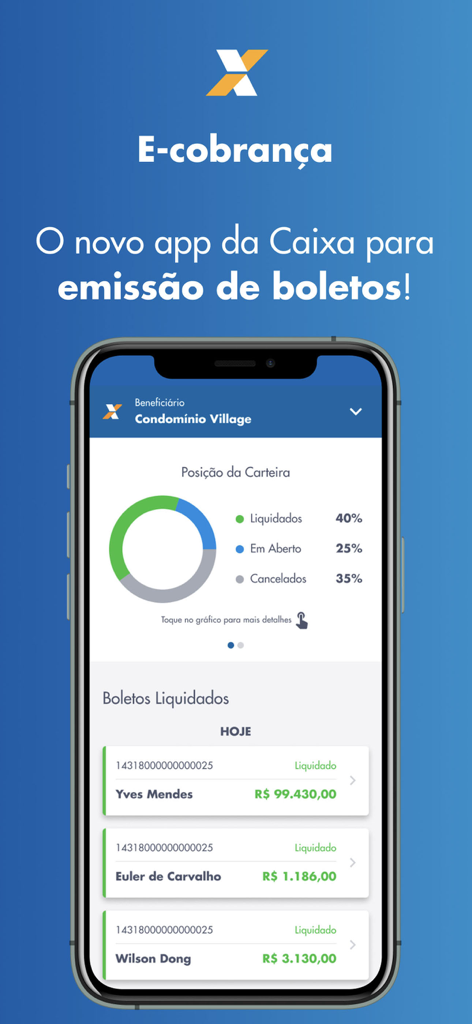 Painel do aplicativo ECobrança CAIXA mostrando um gráfico de status de pagamento e uma lista de boletos pagos.