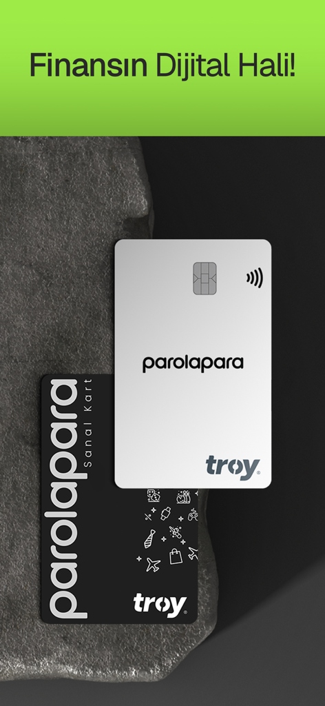 Parolapara: Para Gönder, Harca - Parolapara physical and virtual payment cards showing Troy network branding