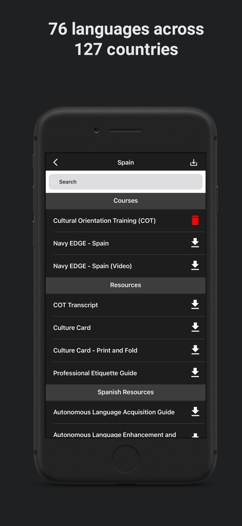 Foreign Culture Guide - Foreign Culture Guide app interface showing cultural training courses and resources for Spain.