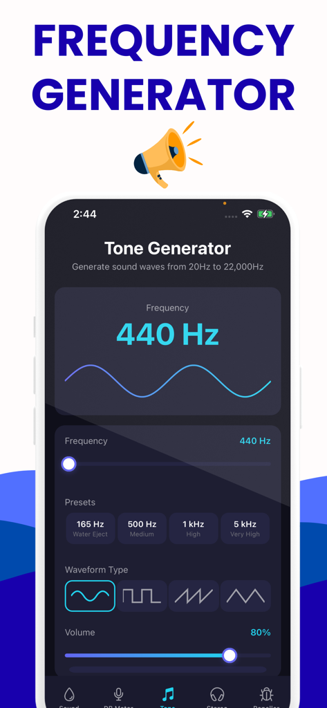 Smartphone app screen showing a tone generator with frequency settings for water ejection and speaker cleaning