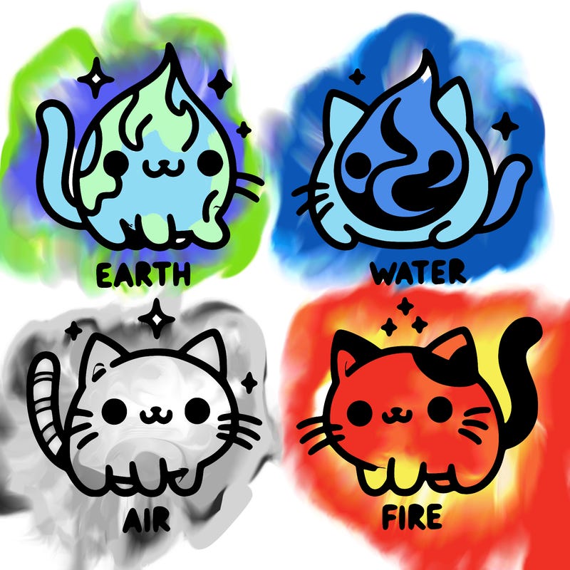 4 cats that represent the different elements, earth, water, air, and fire