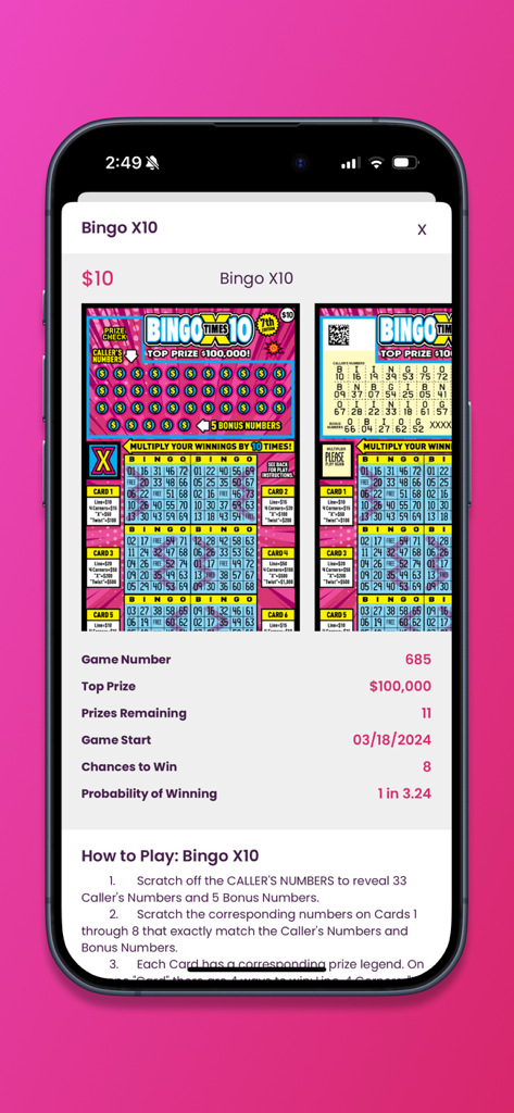 MD Lottery - MD Lottery app Bingo X10 scratch off game details with top prize and winning probability