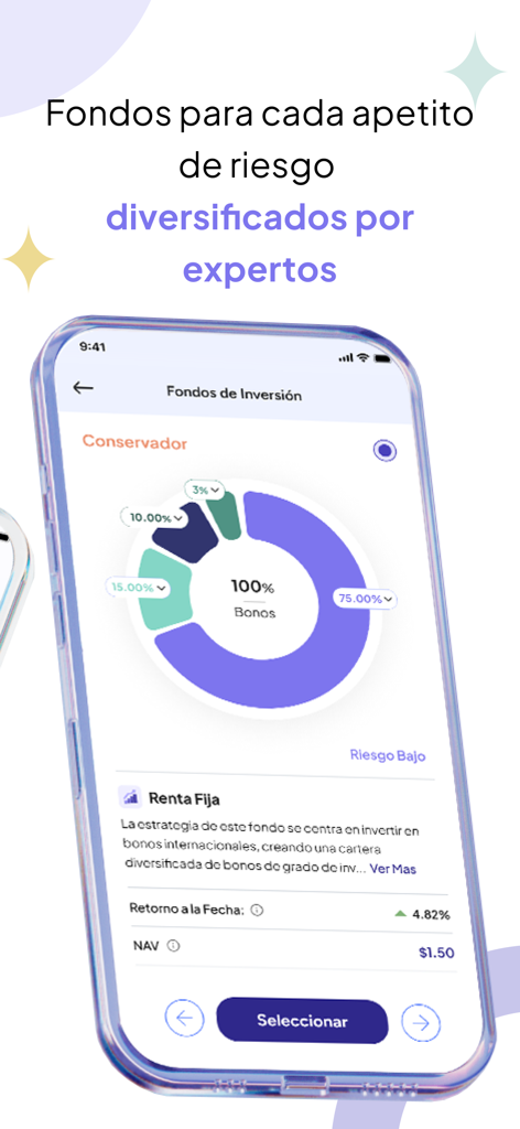 Arka - Interface do aplicativo Arka mostrando um fundo de investimento conservador com um gráfico de pizza colorido para alocação de ativos.