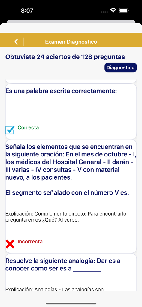 Mi guia UNAM PRO - Schermata dei risultati dell'esame diagnostico nell'app Mi guia UNAM PRO che mostra risposte corrette e errate con spiegazioni