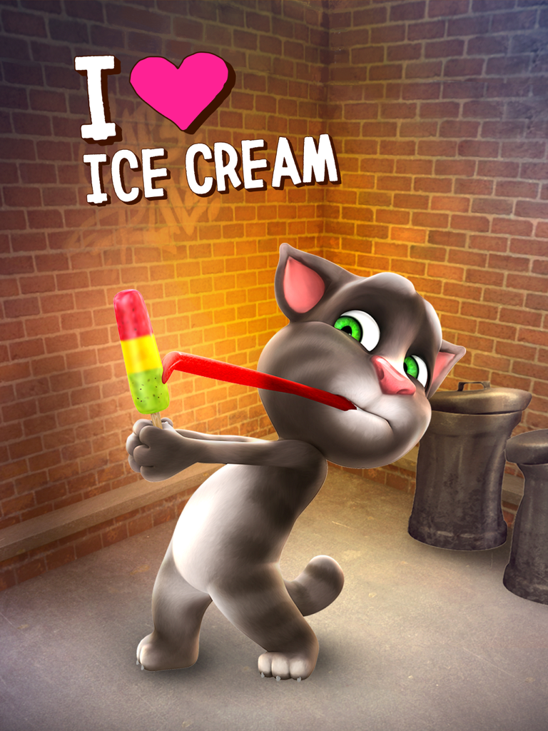 Talking Tom Cat with his tongue stuck to a colorful ice cream popsicle