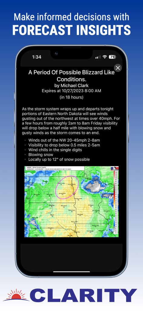 Clarity Weather app displaying professional human-verified forecast insights and a blizzard alert map