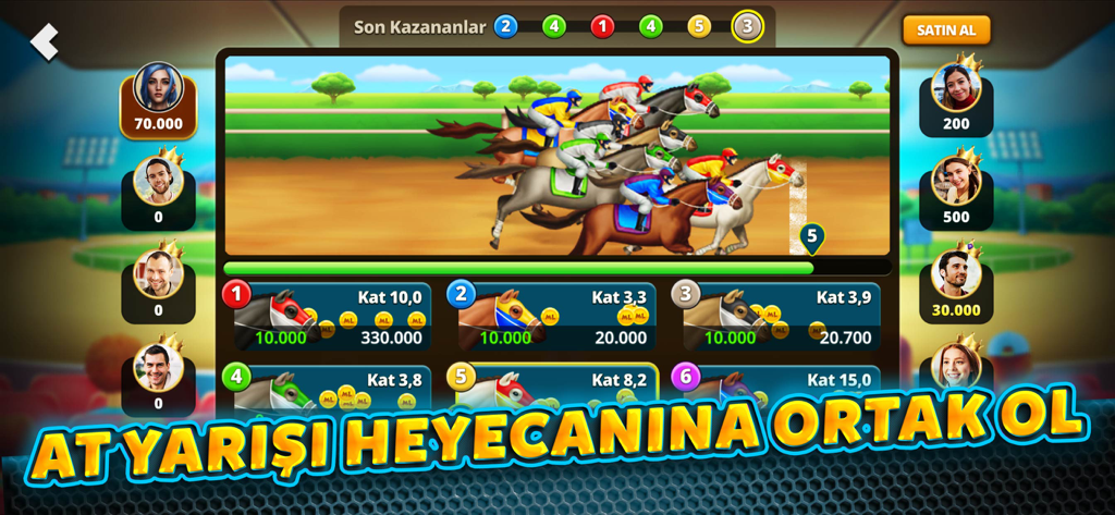 Çanak Okey - Mynet Oyun - Horse racing mini game in Canak Okey app showing race track and virtual betting odds