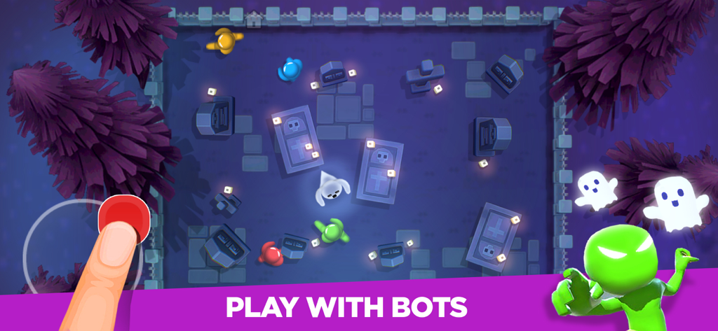 Colorful stickman characters escaping ghosts in a graveyard themed mini game