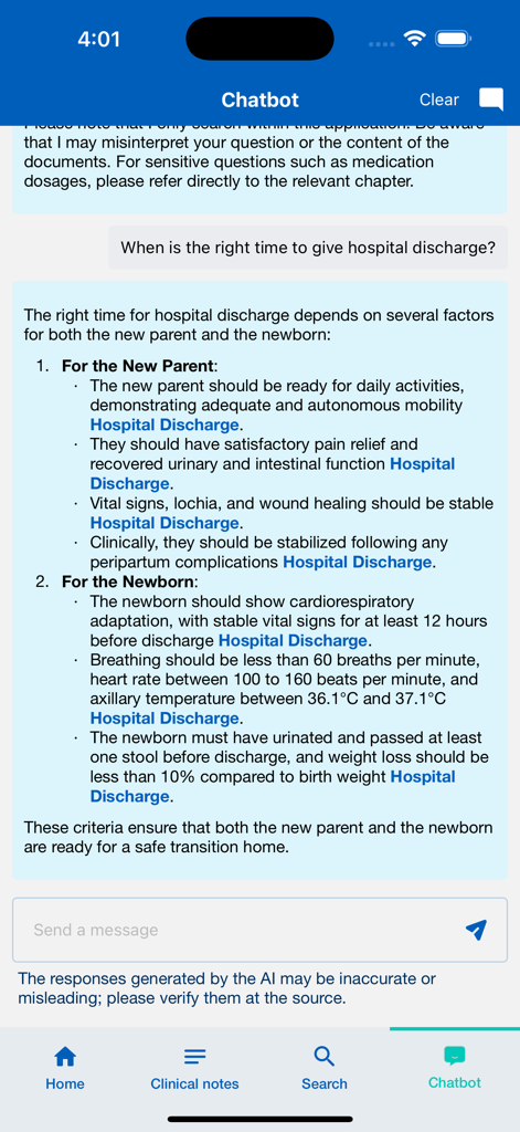 The Perinatal Memo - The Perinatal Memo app chatbot screen showing clinical guidelines for postpartum hospital discharge.