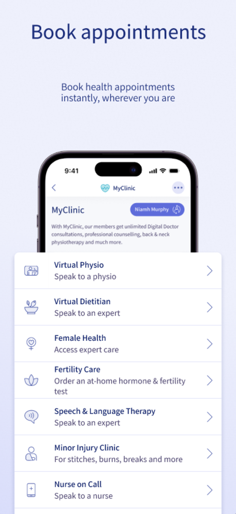 The MyIrishLife app interface showing options to book health appointments including virtual physio and dietitian services.