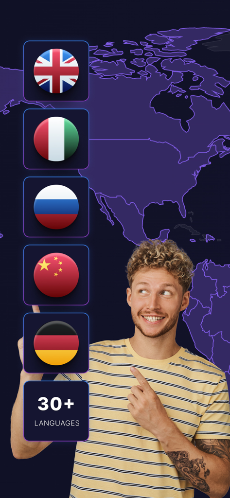 A man pointing at several international flags in the Imposter app highlighting support for over 30 languages.