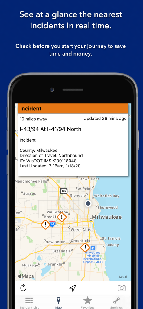 Wisconsin State Roads - Wisconsin State Roads app displaying real-time traffic incidents on a Milwaukee map.