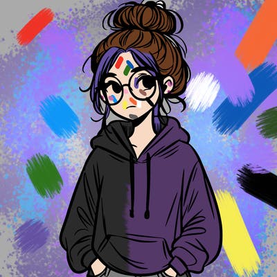 teen girl with a messy bun and glasses wearing a loose hoodie and jeans