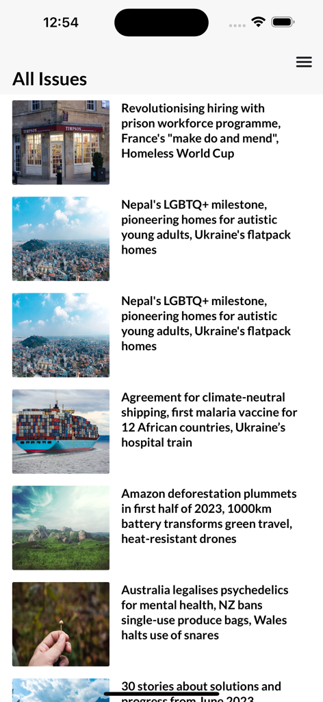 Squirrel News - Interface of Squirrel News showing a list of solutions-focused news articles and positive headlines