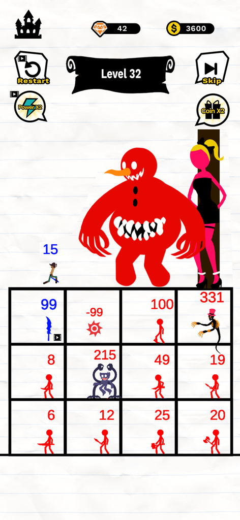 Stick Battle: Mighty Tower War - Stick Battle Mighty Tower War gameplay level showing a stickman hero versus a large red monster and a math based enemy grid