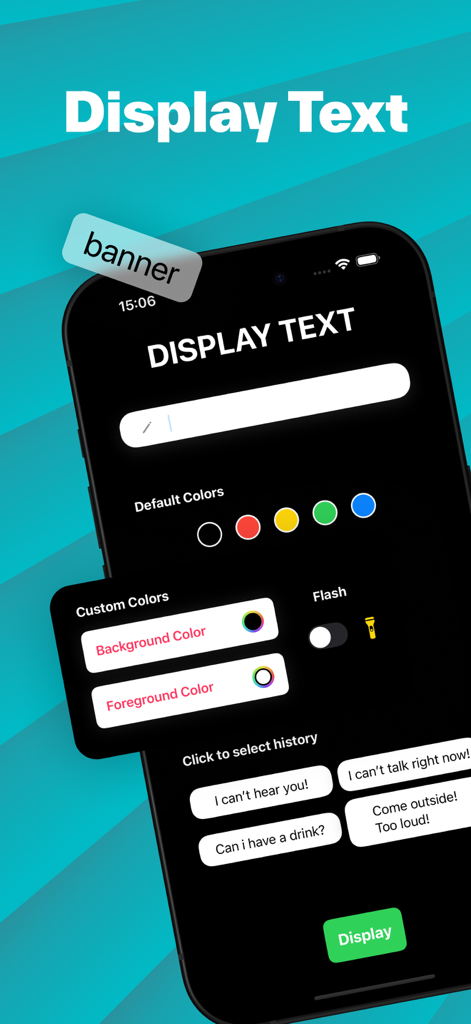Display Text - Large note - Interface d'application mobile pour créer des bannières de texte LED personnalisées avec des options de couleur et de clignotement