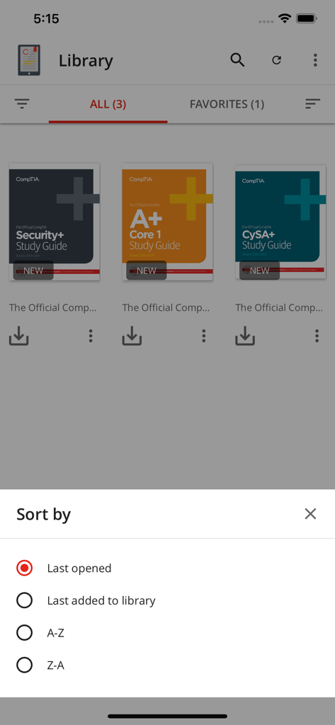 Library screen in the CompTIA eReader app showing study guides and sorting menu