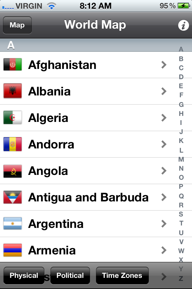 World Map Pro - Alphabetical list of countries with flags in the World Map Pro app