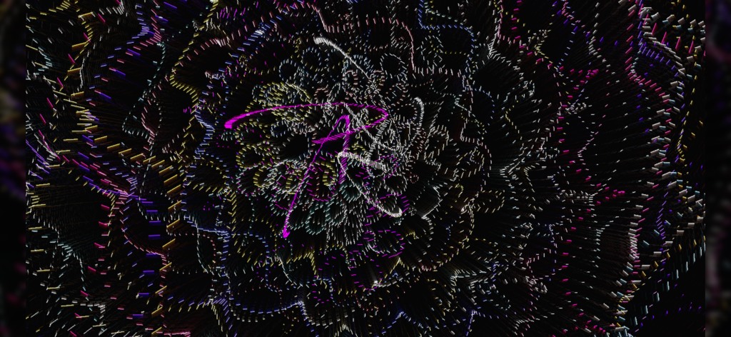 abstract colorful 3d neon particle patterns on a dark background