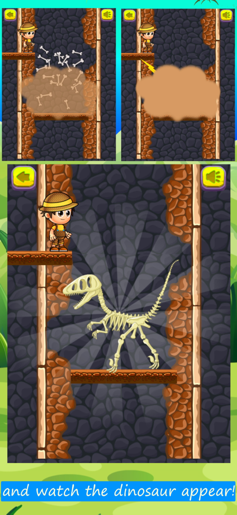 Dinosaur Games For Kids - FULL - Pantalla de juego educativo que muestra a un explorador de dibujos animados montando un esqueleto de dinosaurio a partir de los huesos recolectados