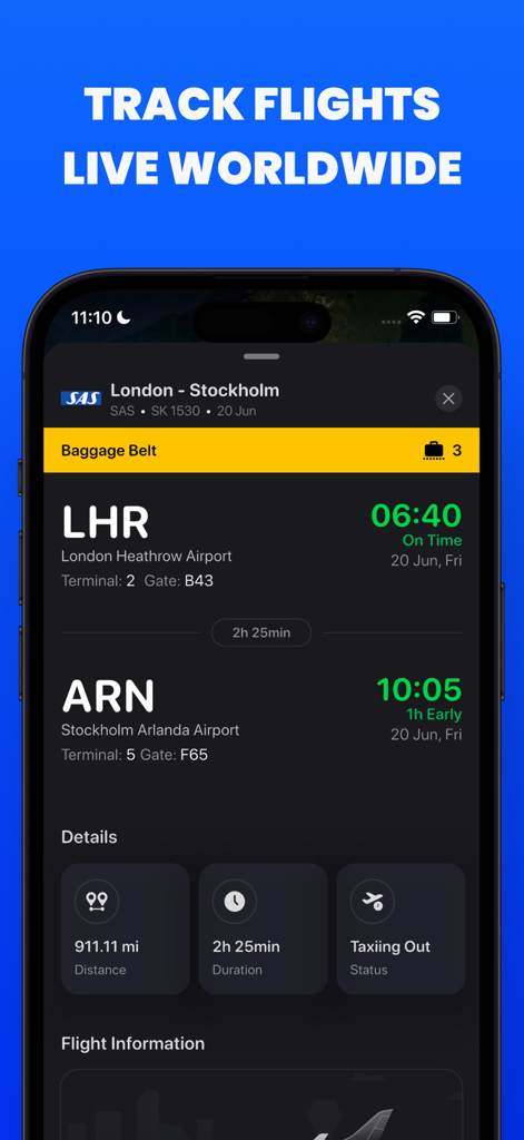 FlightsAround・Flight Tracker - Mobile App-Oberfläche, die Echtzeit-Flugstatus und Ankunftsinformationen anzeigt