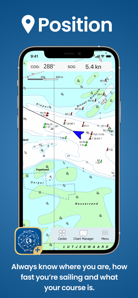 WinGPS Marine Plus - Interfaz de la aplicación WinGPS Marine Plus que muestra una carta náutica con la posición y velocidad actual de la embarcación.