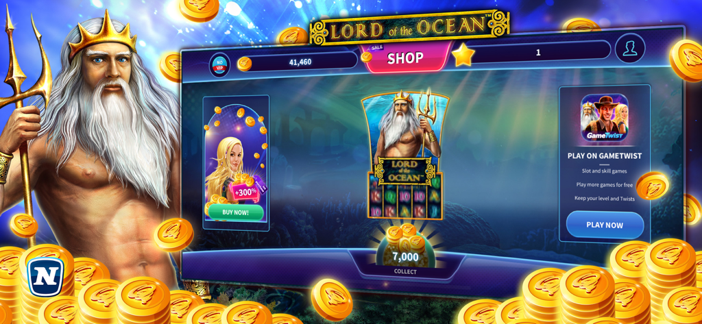 Lord of the Ocean slot game interface featuring Poseidon and gold coins