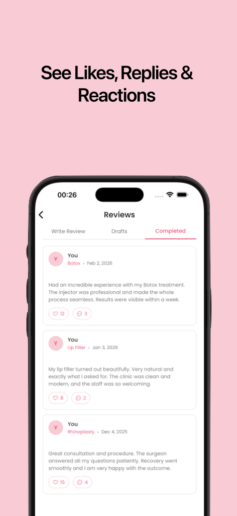 Aesthetic Valley - Aesthetic Valley app screen showing user reviews for aesthetic procedures with likes and replies
