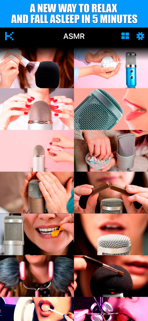 ASMR TV - Uma grade de gatilhos visuais de ASMR incluindo escovação de microfone, sussurros e sons sensoriais projetados para relaxamento e sono.