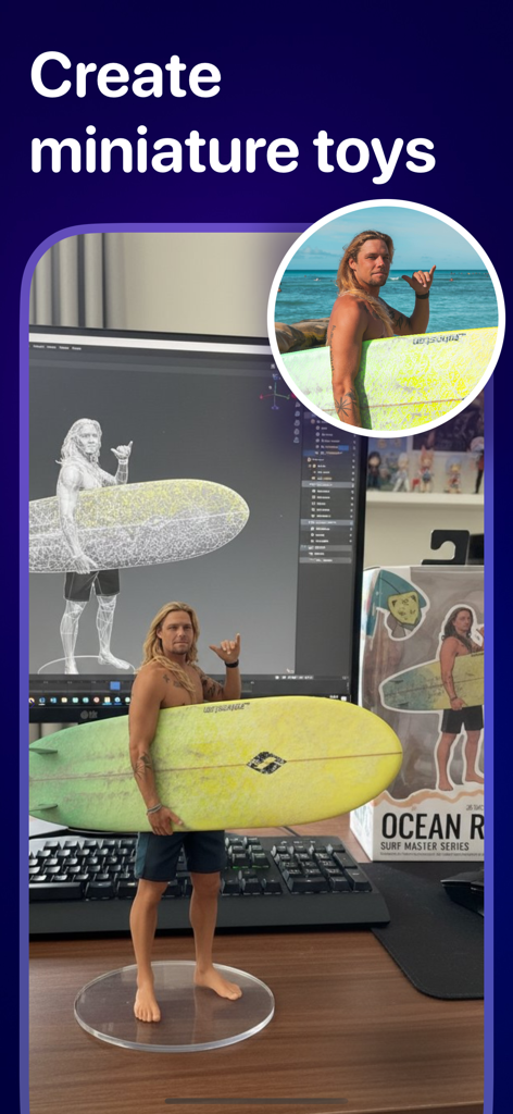 Upscale & Enhance - Pixelfix - A man photo transformed into a 3D miniature action figure with a surfboard using Pixelfix AI