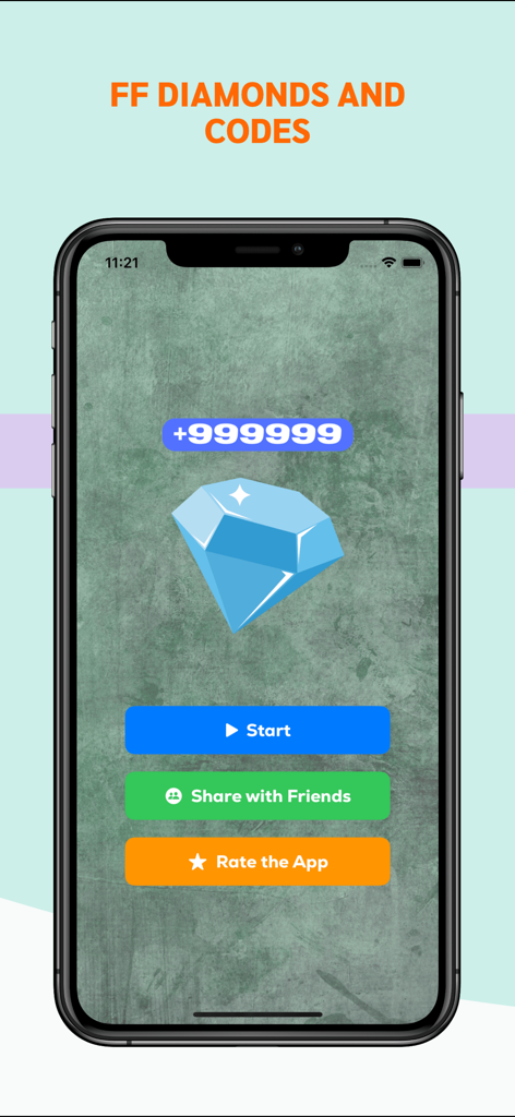 A smartphone showing the home screen of the Diamonds for Freefire app with a large diamond icon and game currency count