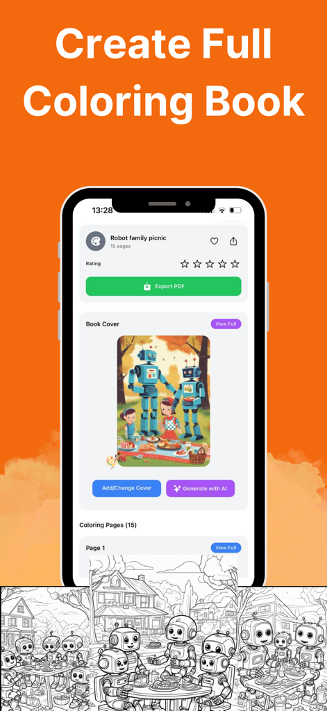 Painty: AI Printable Pages - Tela do aplicativo Painty mostrando um livro de colorir de piquenique em família de robôs e um botão de exportação em PDF.