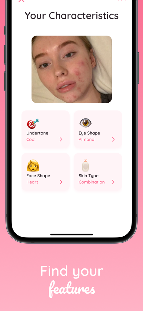 Glam Up - Perfect Your Look - Glam Up app screen showing AI analysis of facial characteristics including skin undertone and face shape