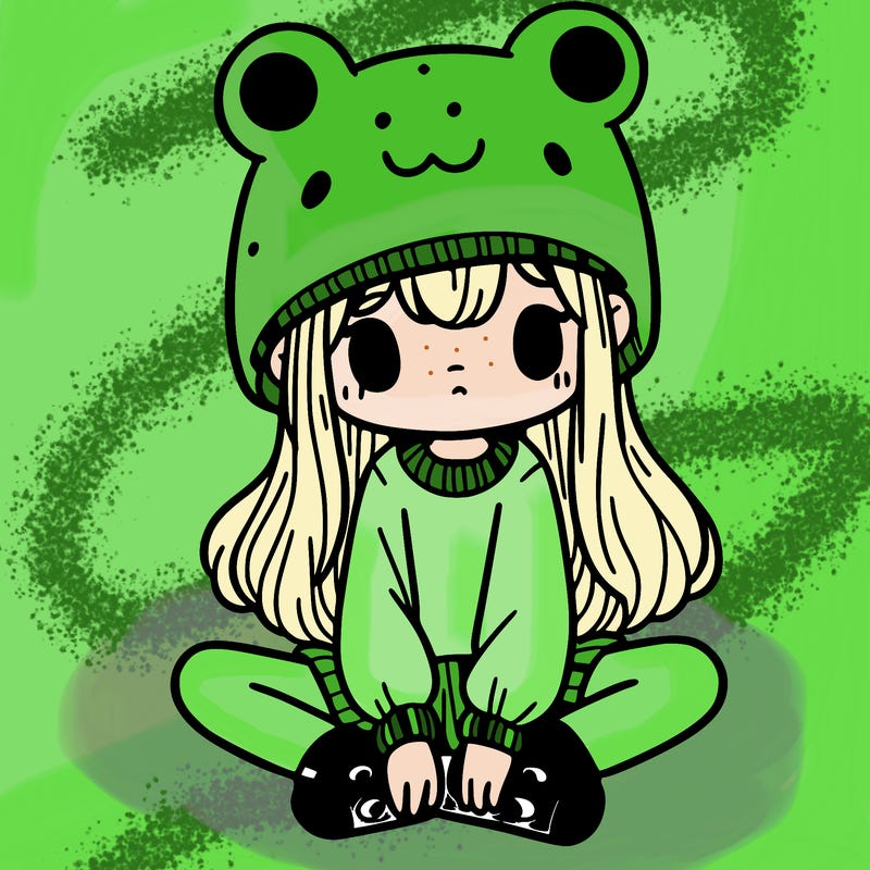 a girl wearing a frog hat and some frog socks