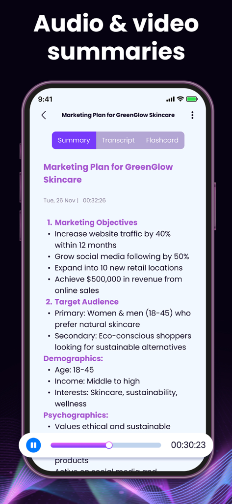 SmartNote - AI Note Taker - SmartNote app displaying an AI generated meeting summary of a marketing plan for a skincare brand.