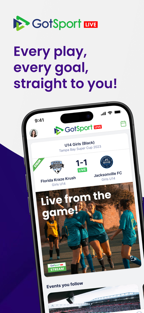 GotSport Live - GotSport Live app interface showing a youth soccer match live stream and real-time score update