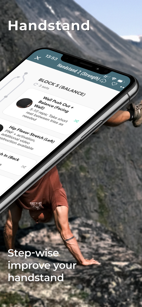 Berg Movement - Smartphone screen showing the Berg Movement app with handstand strength and balance exercises over a man doing a handstand on a mountain