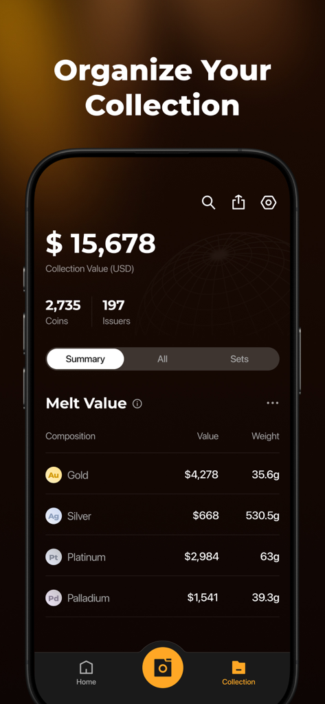 CoinSnap app interface showing coin collection summary and total market value