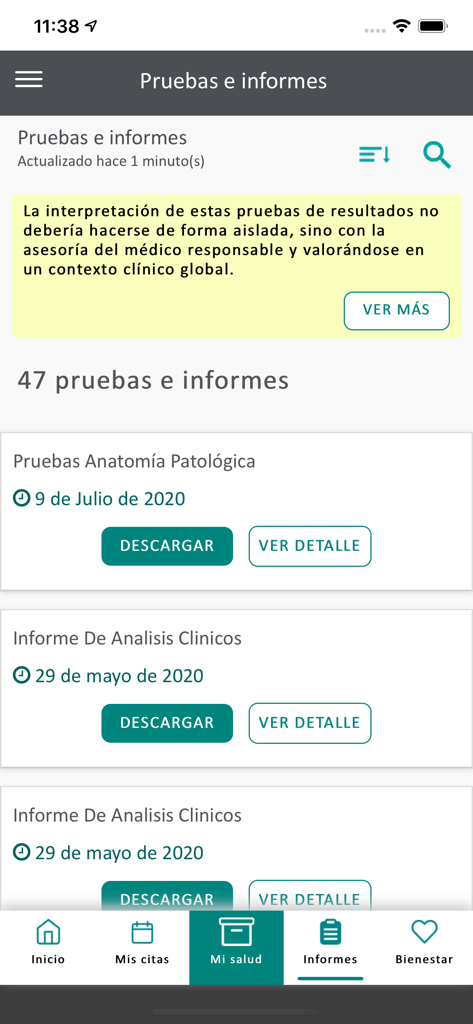 Fundación Jimenez Díaz - Mobile app screen displaying a list of clinical reports and medical test results for a patient.