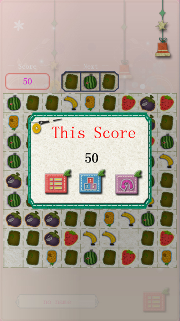 Five In A Row - Fruit Version - Color Line - Link5 - Score screen of a fruit themed five in a row puzzle game with various fruit icons on a grid.