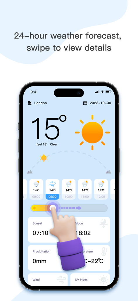 Interface of Weather.Timeline app showing a 24-hour weather forecast with a hand swiping through hourly data.