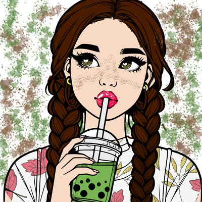 realistic girl with braided hair drinking boba