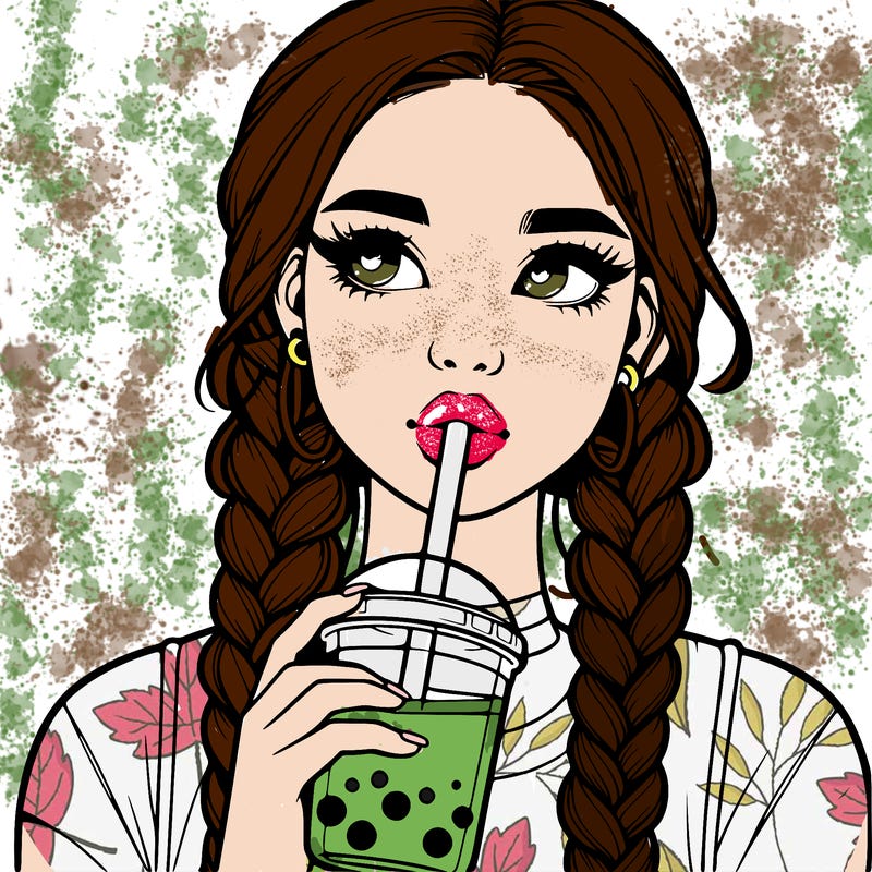 realistic girl with braided hair drinking boba